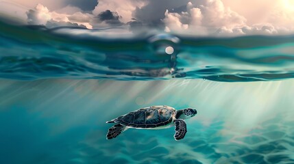 Sea Turtle Diving Deep In The Water Up Close In The Wild Nature Photography (Generative AI)