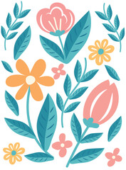 Hand drawn floral design. Spring cute pink and yellow flowers, tulip. Vector illustration for poster, screensaver, wallpaper, wrapping paper.