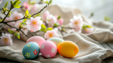 Obraz premium Easter still life with colorful eggs and sakura branches close-up
