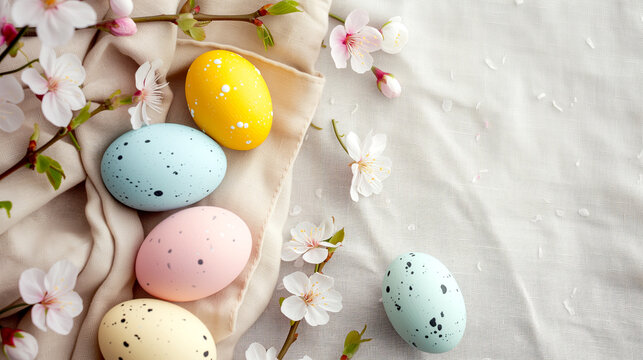 Easter still life with colorful eggs and sakura branches close-up