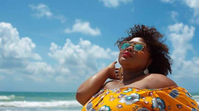 Sun-kissed skin and carefree laughter paint a picture of joy as a Black woman embraces the sea