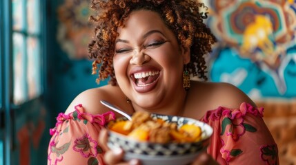 happy plus size woman enjoy eating,Relaxation ritual