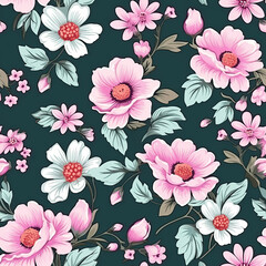 white and pink flower seamless pattern with a green background