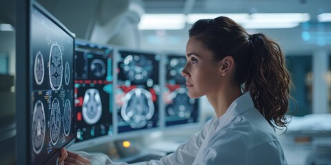 A professional female radiologist reviewing MRI scans in a modern medical imaging room.