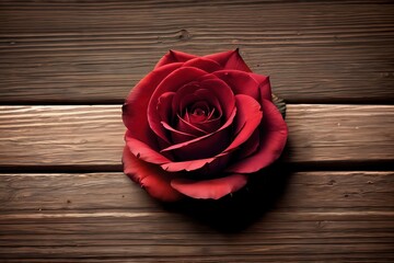 Rose on a wooden table, close up view.