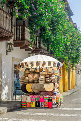 Artisan hats unformal street market place on the walled city of Cartagena Colombia