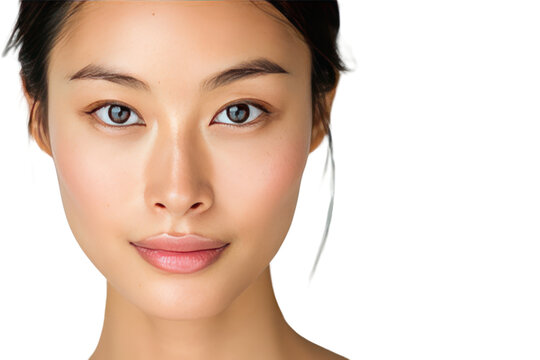 Beautiful young asian woman with clean fresh skin isolated on transparent and white background.PNG image	