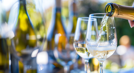 White wine being poured into a glass at an outdoor summer party