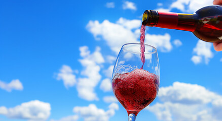  Red Wine Pouring into Glass Against Blue Sky