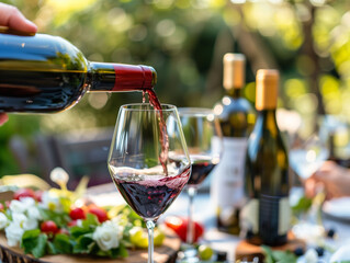 Red wine being poured into a glass at an outdoor summer party