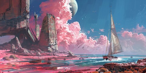 A solar sailboat crosses the coral pink seas of an alien world exploring ruins of civilizations lost to time and space - obrazy, fototapety, plakaty