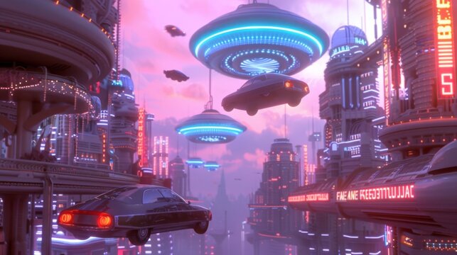 Futuristic cityscape with neon lights flying cars 2050 skyline