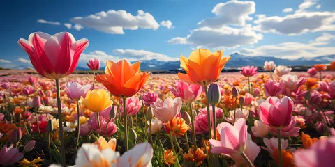 Fotobehang Colorful Tulip Field with Blue Cloudy Sky Landscape © Resdika