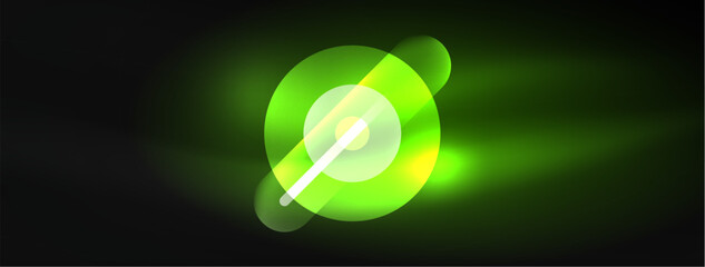 Abstract design pulsates with neon glowing light effects, casting an entrancing glow in the darkness, captivating the eye with its vibrant energy. Glass circles neon glowing light effects
