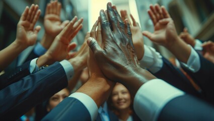 male and female business group give high five in the office
