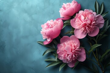 Peonies Blooming on Blue with Copy Space