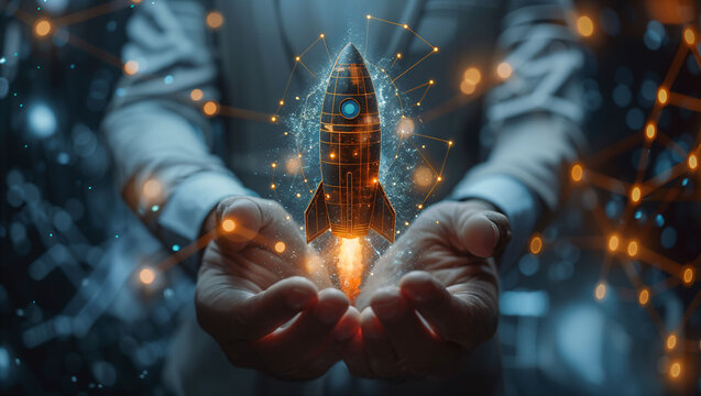 Businessman holding a rocket in stock markets background, business success and startup concept
