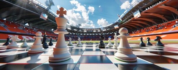 Chess tournament in the center of a football stadium an intellectual game on a grand scale - obrazy, fototapety, plakaty