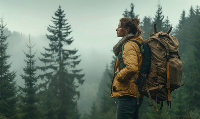 Obraz premium Mist Among the Pines Solo Journey Unfolds