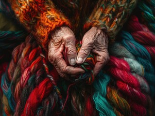 Close up of hands knitting with vibrant wool a pattern emerging against a backdrop of cozy warmth