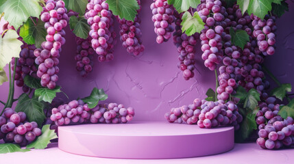 An elegant 3D rendered presentation of ripe purple grapes hanging lushly around a cylindrical pedestal on a monochromatic background.
