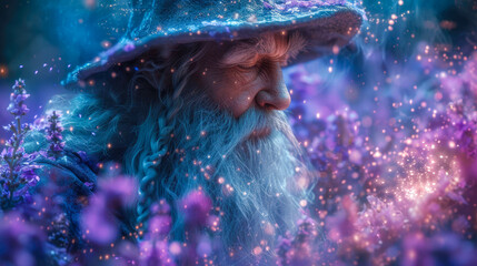 Portrait of an old man sage with a wizard beard wielding powerful magic fantasy character - obrazy, fototapety, plakaty