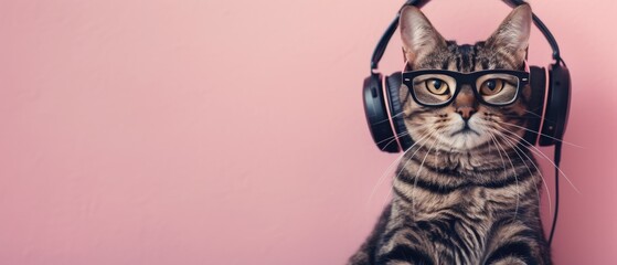 Cat wearing glasses and headphones against a soft background