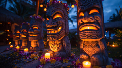 Traditional tiki torches glowing at dusk, surrounded by candles and tropical flowers, creating an enchanting evening atmosphere.