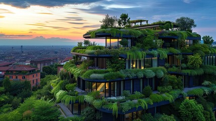 Modern houses with a green vegetable wall. Current eco-architecture.