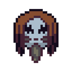 Man head with long hair mustache and beard, barbershop, old man face pixel art icon cartoon character. 8-bit flat style. Isolated abstract vector illustration.