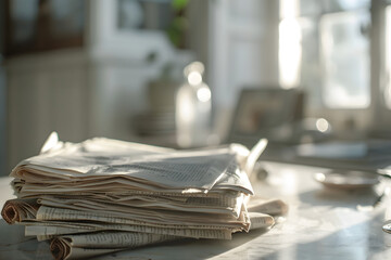newspaper stacks lying on a table  - obrazy, fototapety, plakaty