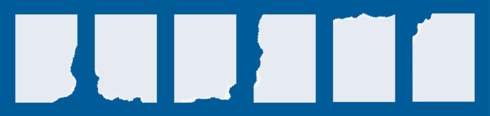 Set of torn paper snippets. White grunge rectangles with jagged edges. Vector illustration for stickers, collages, banners. Ripped abstract shapes form a textured silhouette of notepaper or leaflet.