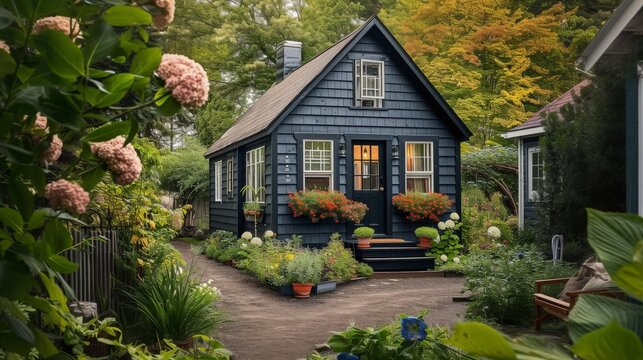 Beautiful wooden house with flowers in the garden on a sunny day