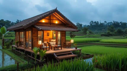 Discovery in the rice terraces, Thai style house with rice field, blue sky