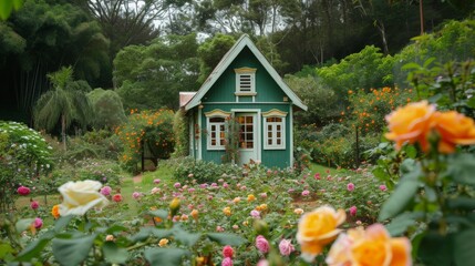 Fototapeta na wymiar A small house stands in beautiful garden. flower in the garden