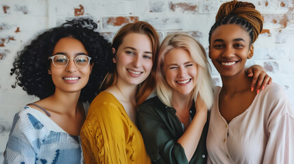 Women empower and support each other in the workplace. Diversity of nationality, black and white women. Four women are smiling and hugging each other on a blurred workplace background. - obrazy, fototapety, plakaty