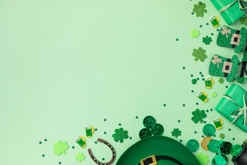 Fototapeta premium Saint Patrick Day green background with hat, shamrock clover and accessories with gifts top view. Festive greeting card.