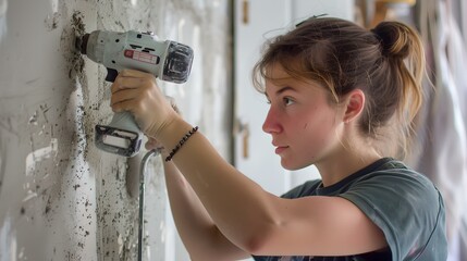Focused woman using a power drill for home renovation. DIY project, active female, home improvement task. empowering handywoman concept. AI
