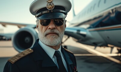 A pilot wearing uniform, standing in front of big airplane