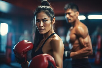 Close-up of Asian sport woman training in kickboxing with a coach - obrazy, fototapety, plakaty