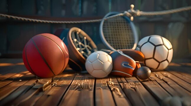 Assorted Sports Equipment on Wooden Surface with AI generated.