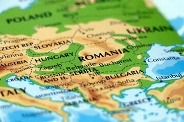 world map of east europe, romania, serbia, hungary, bulgaria in close up
