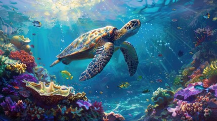 Obraz premium A majestic sea turtle gliding over a vibrant coral reef with sunbeams filtering through crystal clear waters