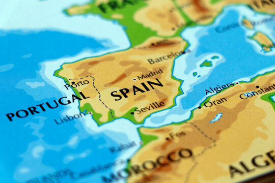 world map or atlas of europe portugal and spain in close up
