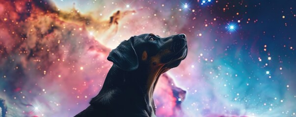 Obraz na płótnie Canvas Puppy gazing at a colorful sparkling galaxy above dreaming big in a vast open universe