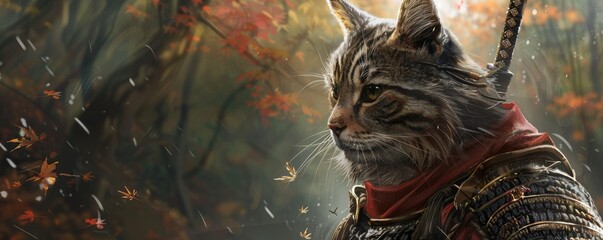 Samurai cat protecting a sacred forest guardian of its inhabitants and ancient secrets - obrazy, fototapety, plakaty