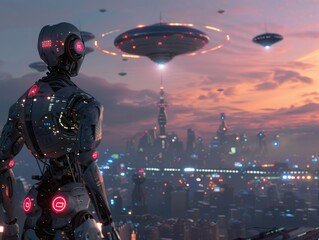 Sci fi scene of a robot harnessing energy from a futuristic city under a UFO lit sky
