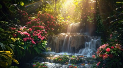 Serene Eden garden floating in heaven ethereal light illuminating lush landscapes and celestial waterfalls