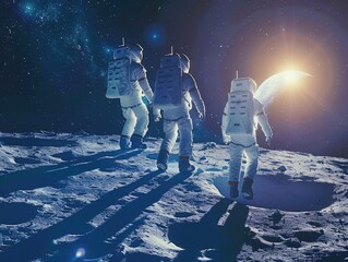 Space tourists on a lunar walk Earthrise in the background spacesuits reflecting the suns brilliance