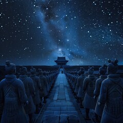 Starry night above the Mausoleum of Emperor Qin terracotta soldiers under the cosmos bridging history and eternity - obrazy, fototapety, plakaty